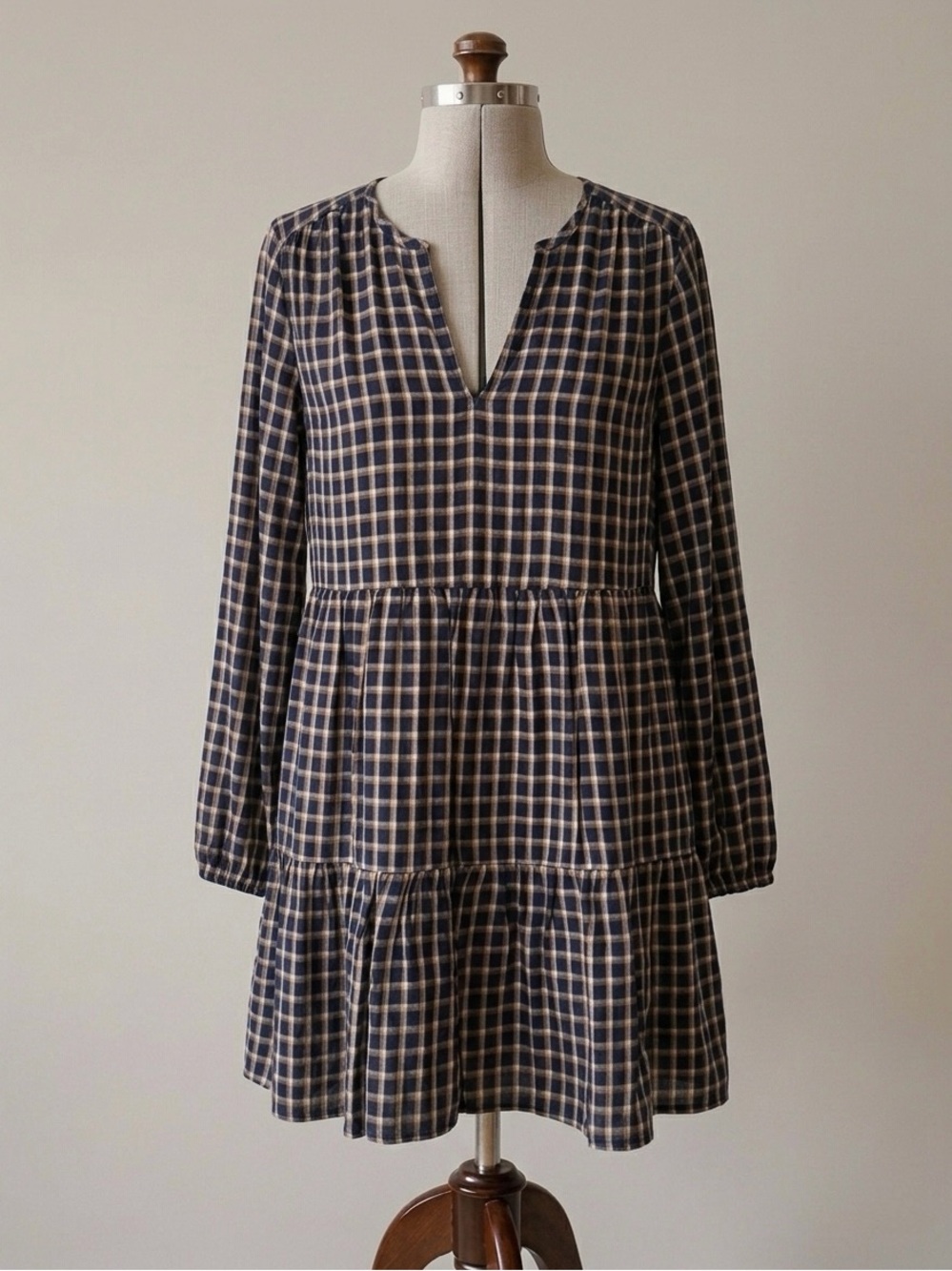 LOFT Navy, Mustard and Cream Plaid Long-Sleeve Tiered Dress